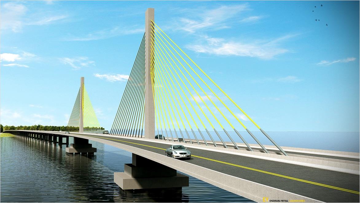 An image shows a silver car driving over a long bridge.