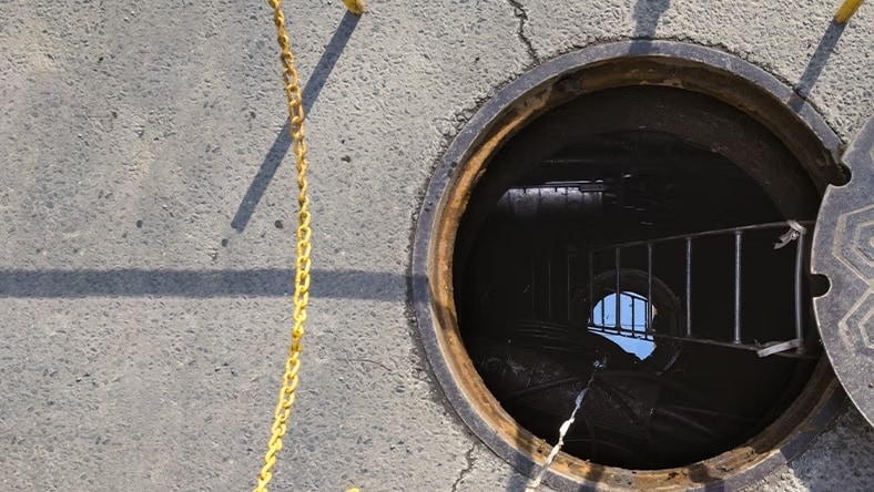 An overhead shot of an open maintenance hole shows a reflection of the sky in the water below.