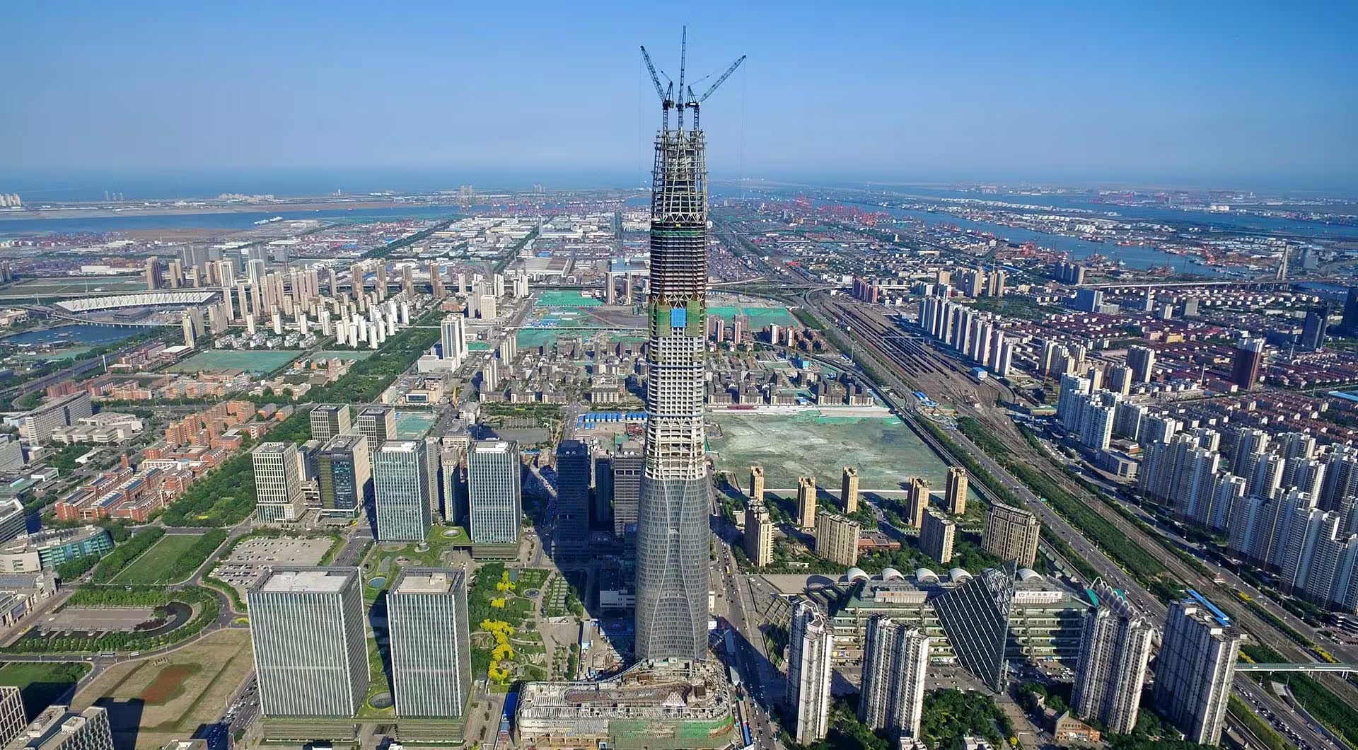 China's supertall Tianjin Chow Tai Fook is shown under construction.