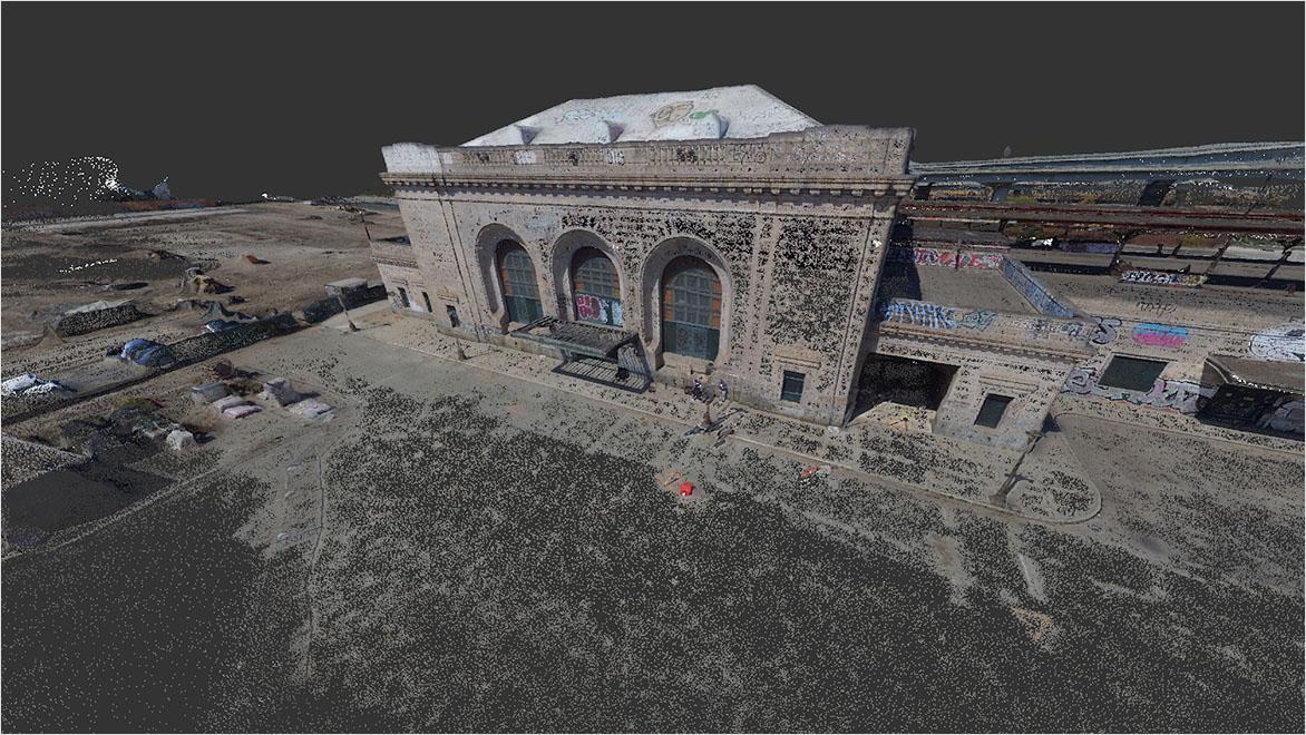 A structure is represented as a point cloud onscreen.