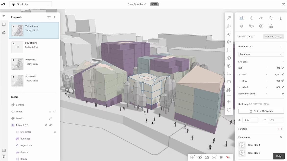 A screen from Autodesk Forma shows massed models for proposed buildings
