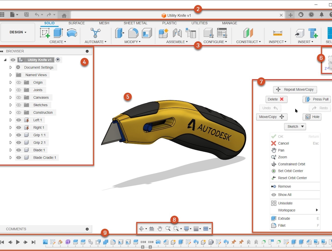 Screenshot of the Fusion user interface with different sections outlined and numbered.