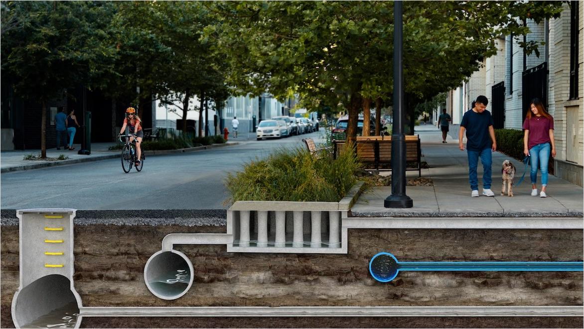 A digital rendering shows a cutaway of water systems under a street.