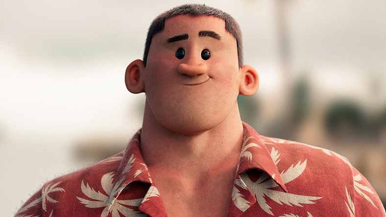 A male animated character in a Hawaiian shirt smiles at the camera.