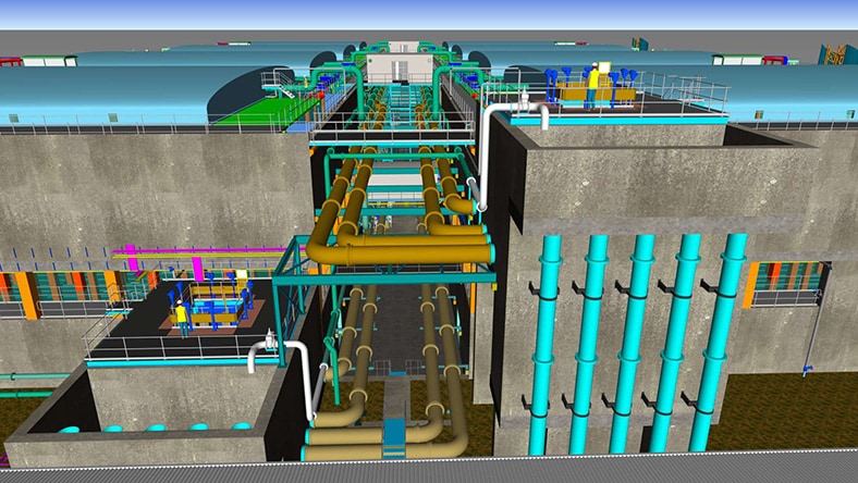 A rendering of a water plant details treatment systems.