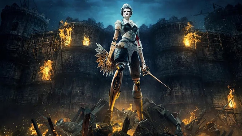 A warrior woman stands among burning ruins in a video game scene.