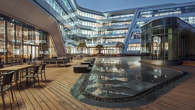 A courtyard outside a smart building complex designed by Johnson Controls.