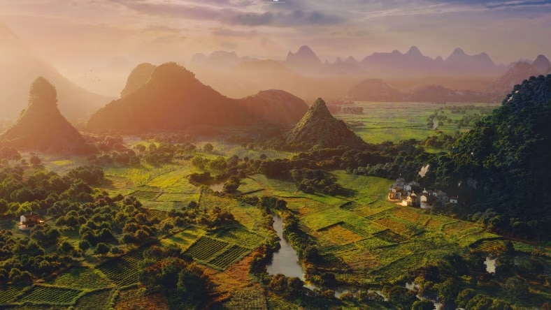 3D rendered scenic landscape at sunset