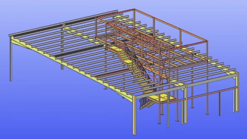 A rendering of a structural steel model of a warehouse is shown on a computer screen.