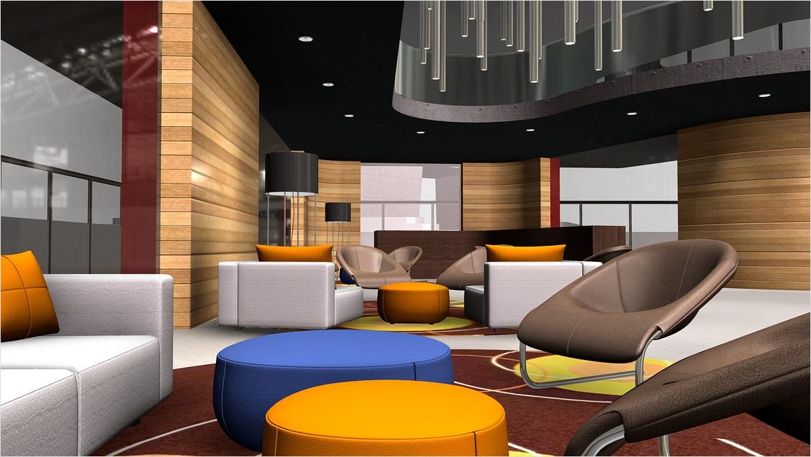 A rendering of a modern living room interior shows multiple seating options.