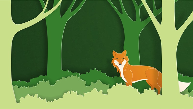 A fox and trees are rendered as paper cutouts.