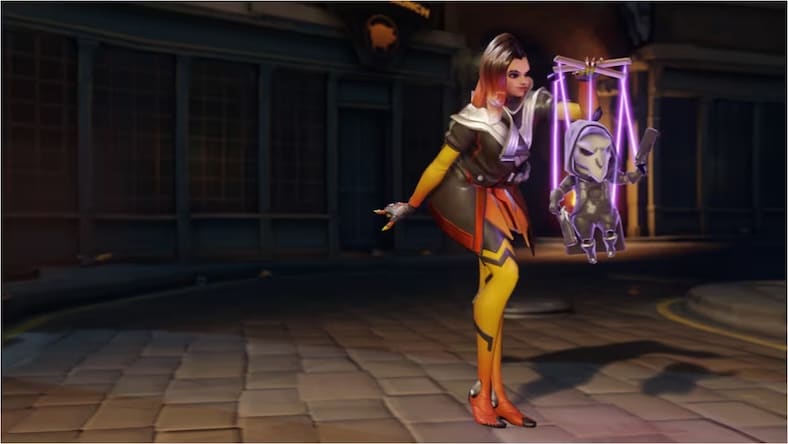 In this scene from the game Overwatch, a woman holds a marionette with a head made from a skull.