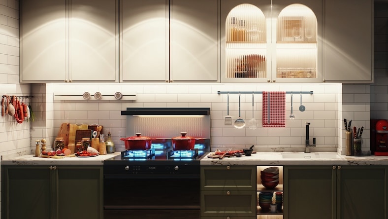 1494359486 A 3D rendering of a residential kitchen shows task lighting illuminating the counters and stovetop.
