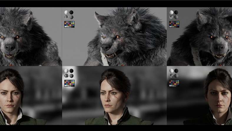 Human woman and wolf character renderings take shape on a computer screen.