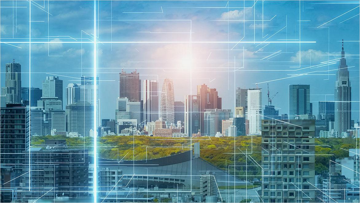 A concept illustration depicts a futuristic “smart” city.