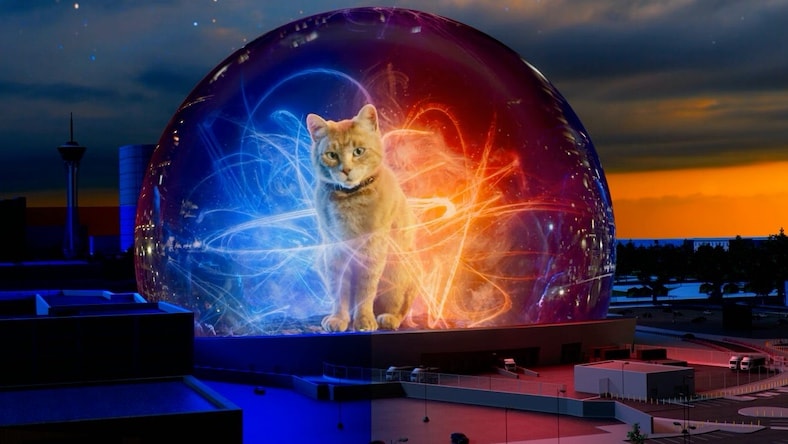 Rendu 3D représentant la salle de spectacles Sphere de Las Vegas avec un chat roux géant dans une publicité pour le film The Marvels de Marvel Studios.