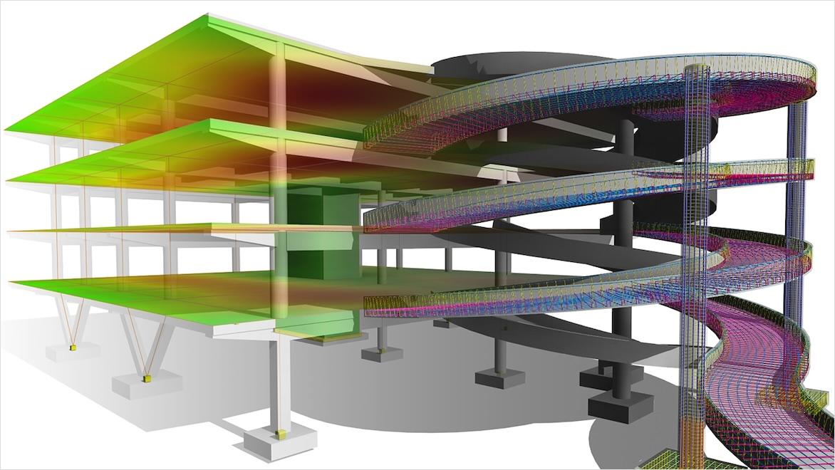 Revit rendering of a parking structure shows the reinforced concrete detailing.