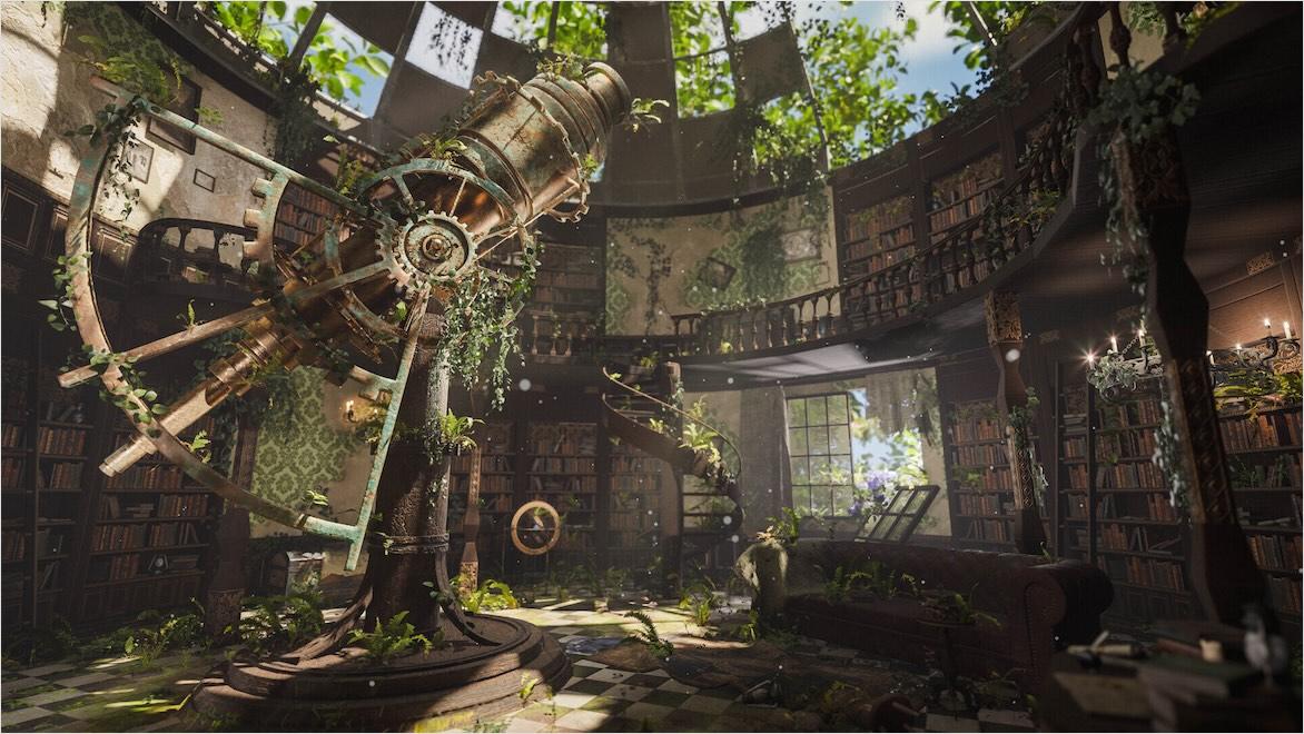 A 3D rendering shows the overgrown ruins of a round book-lined room with a large central telescope.