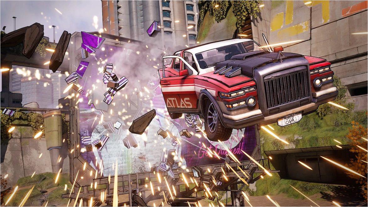 Toon shading still of car crashing through billboard from New Tales from the Borderlands