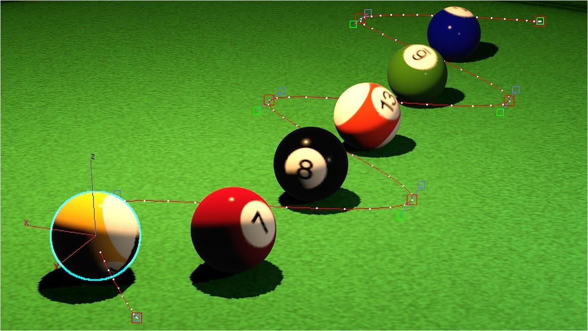 A screen from 3ds Max shows renderings of six pool balls connected by a curved motion path.