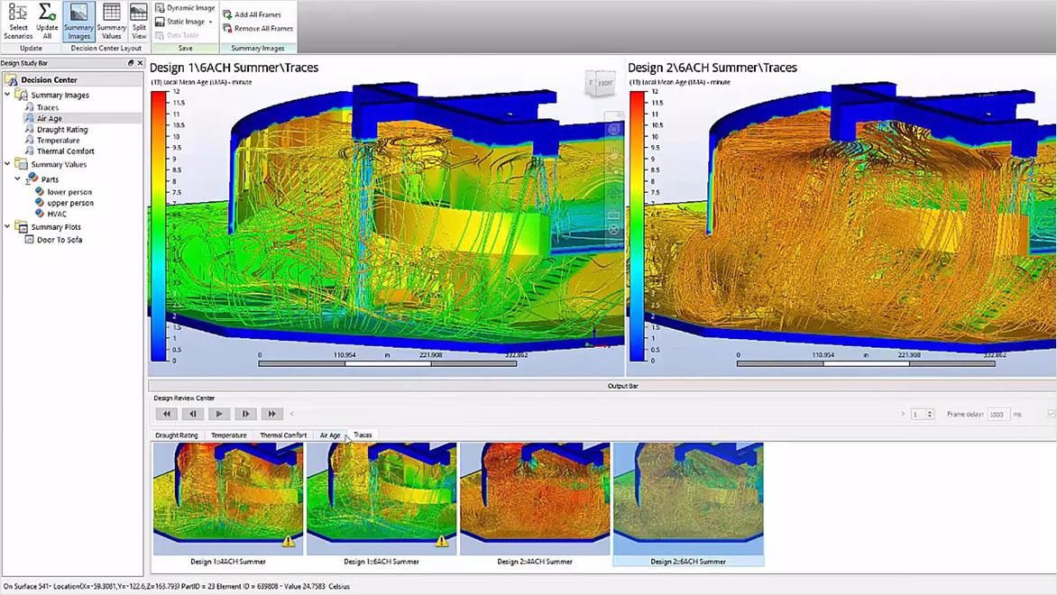 A computer model illustrates air temperatures inside a building complex.