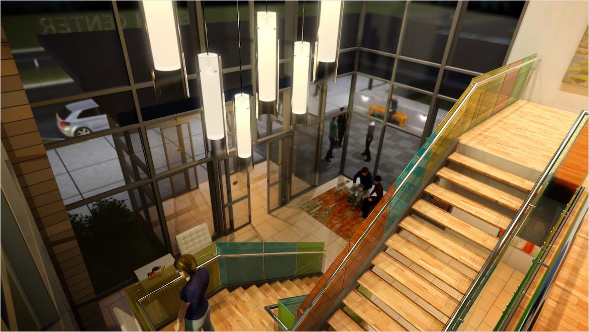 A lifelike computer rendering depicts an elaborate wooden staircase descending into a building lobby.