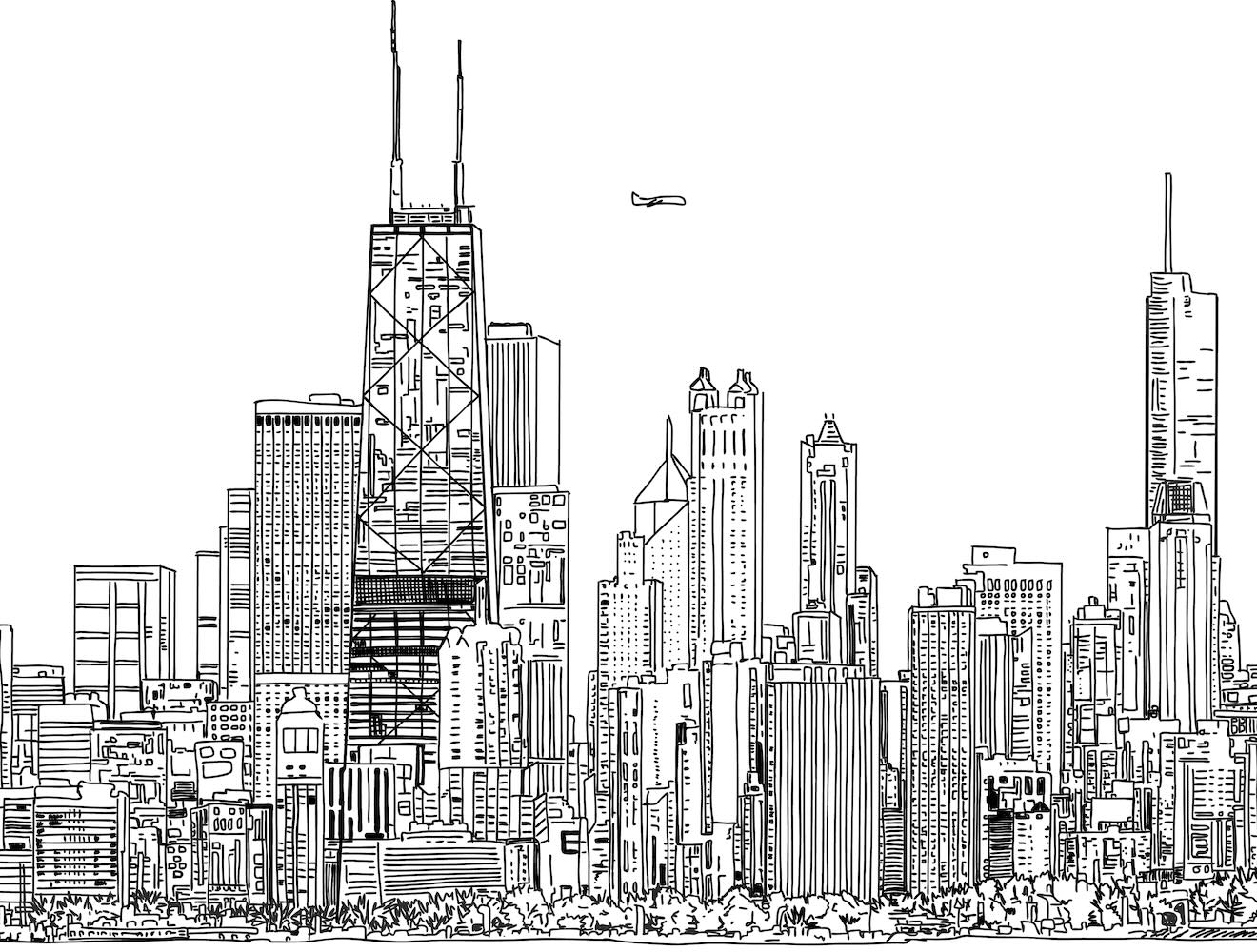 936693996 The Chicago skyline is depicted as a black-and-white line drawing.