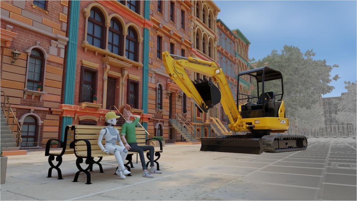An animated scene generated using Video to 3D Scene technology shows a person and a robot sitting on a park bench in front of brownstones next to an excavator.