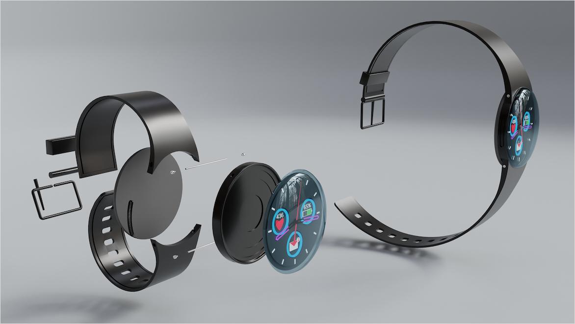3D rendering of an exploded view of the components of a smartwatch.