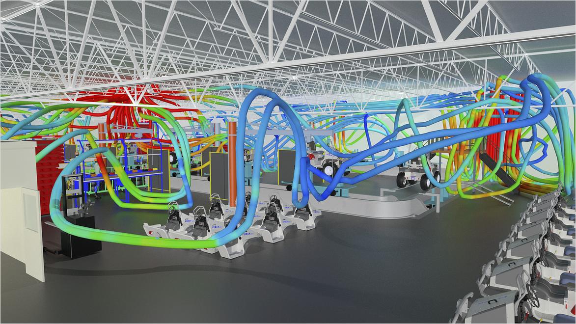 A 3D factory design layout shows colorful traces from a CFD airflow simulation.