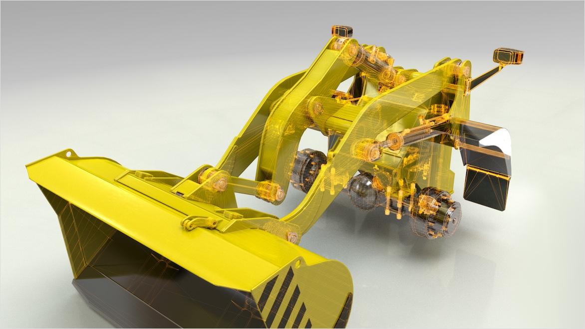 Rendering of a front loader with overlay showing different subassemblies