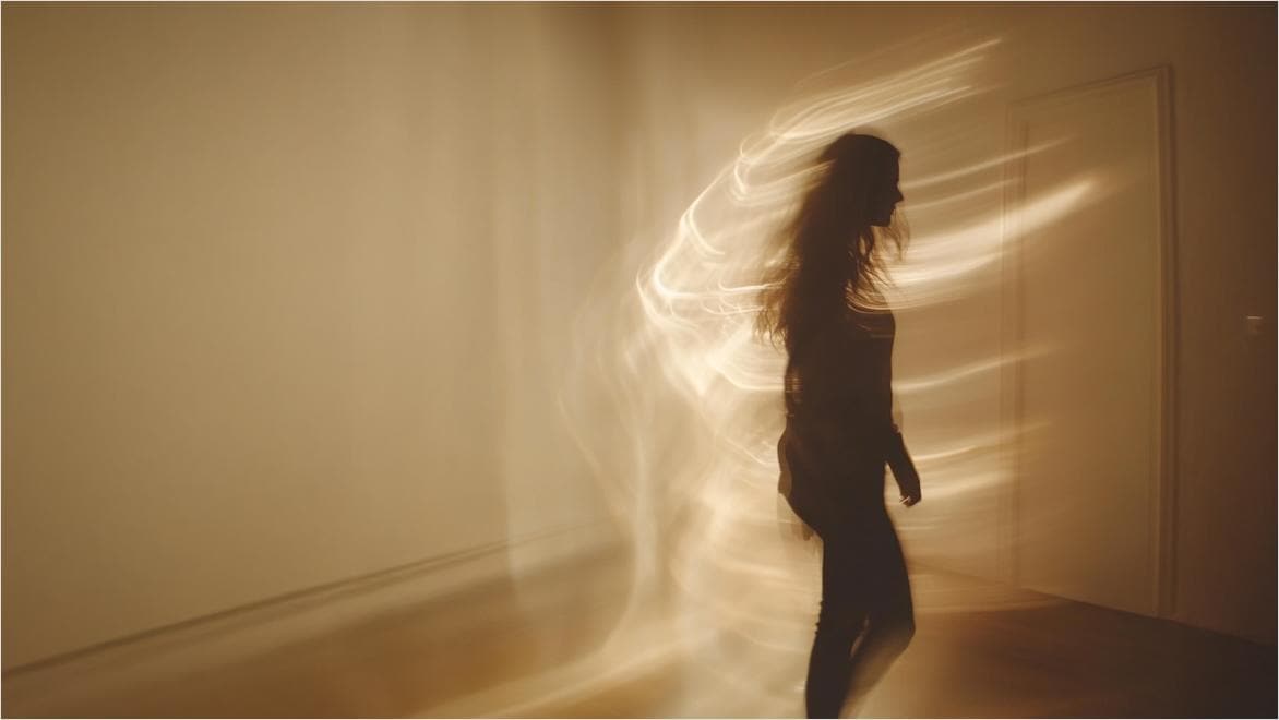 A silhouette of a woman in a room surrounded by streaks of lights indicating motion.
