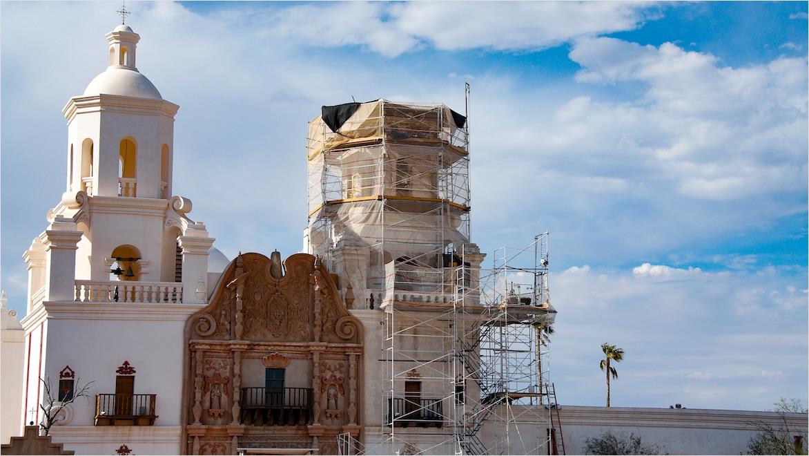 San Xavier del Bac Mission in Tucson, Arizona, undergoing renovations