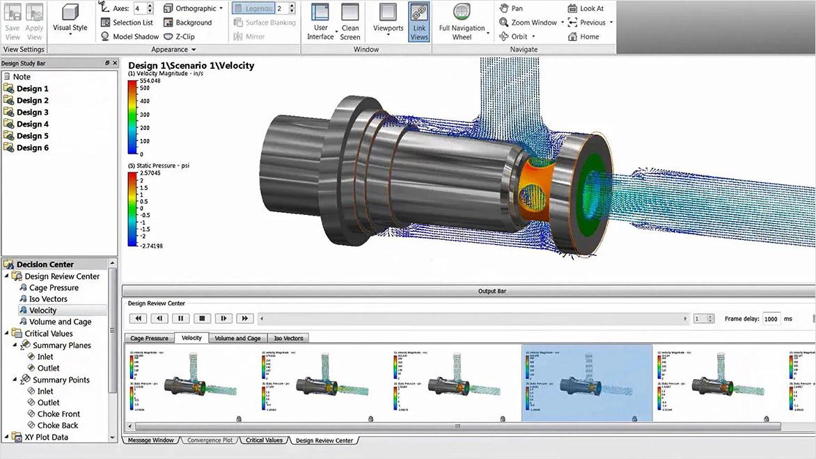 A software screen models fluid flows across a piece of machinery.