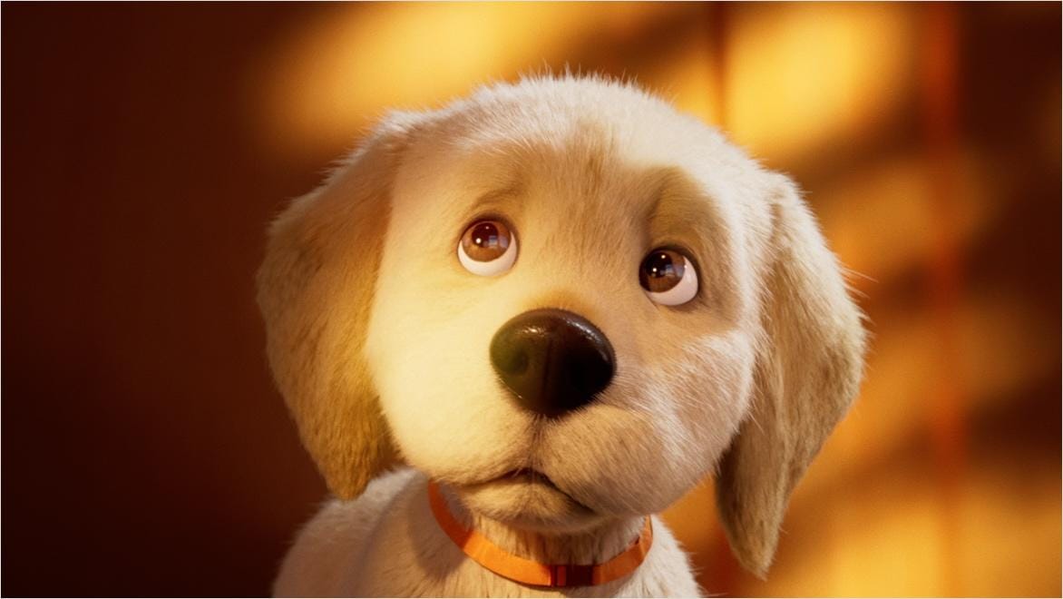 Still from a 3D animation of a golden retriever puppy.