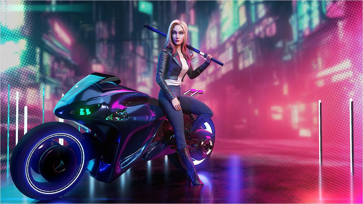 In a digital rendering, a woman leans on a motorcycle.