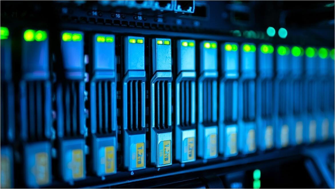 Rack of individual computer processing units.