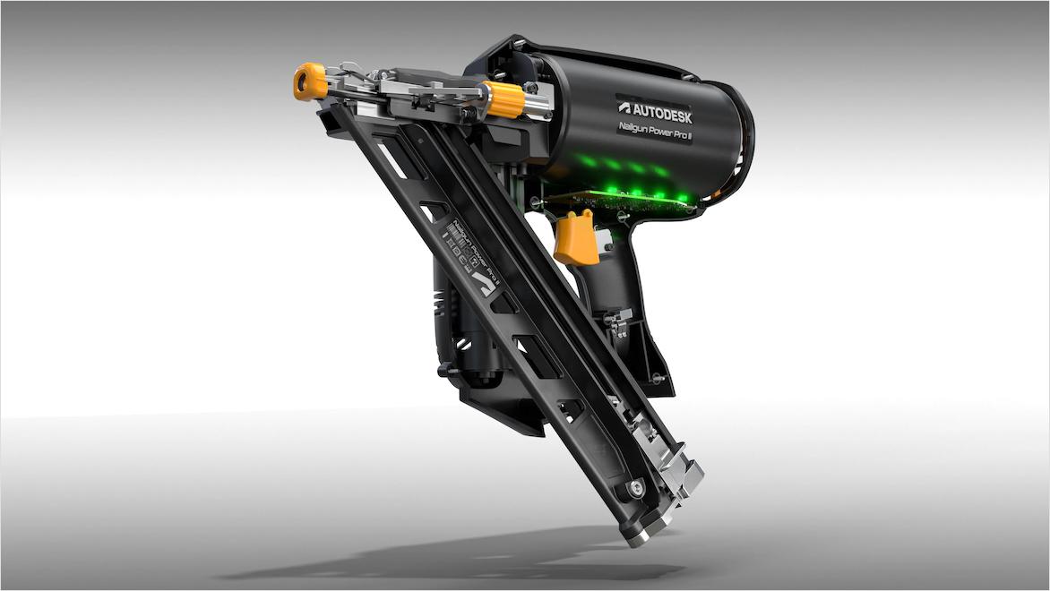3D rendering of a nail gun created in Autodesk fusion.