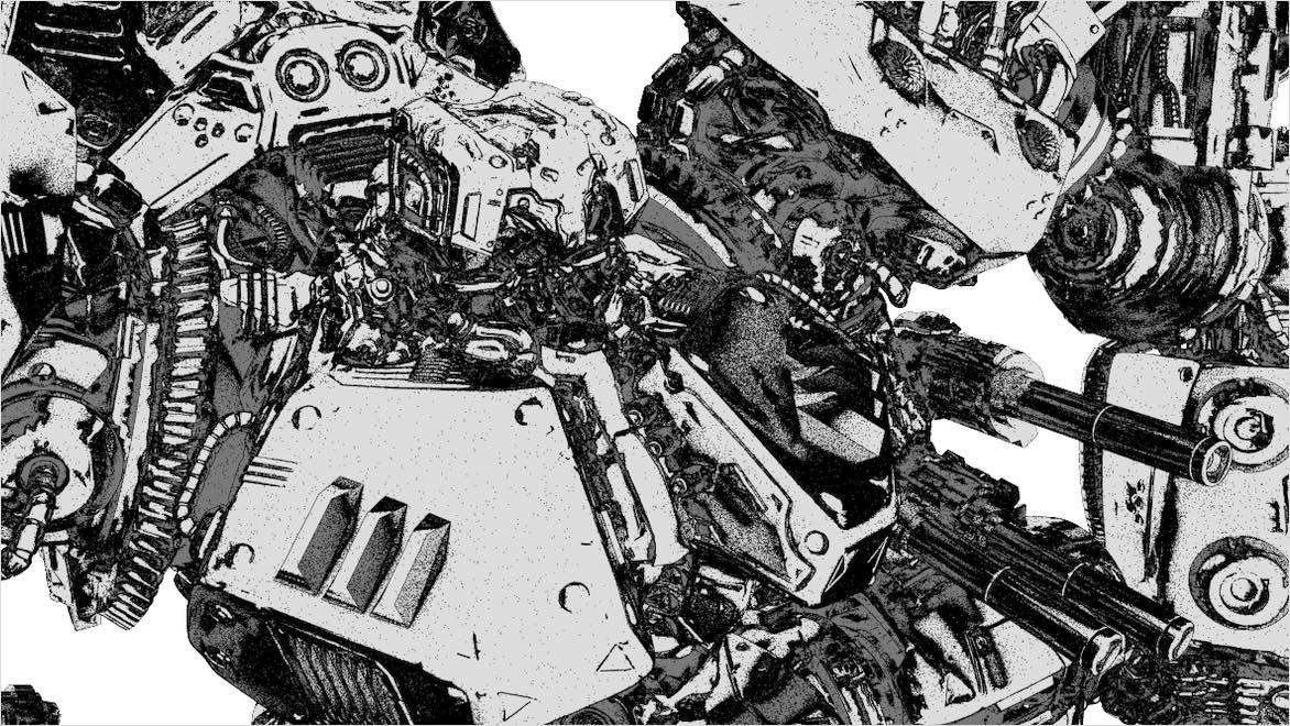 Toon shading sketch-like mech suit image created with Arnold toon shader