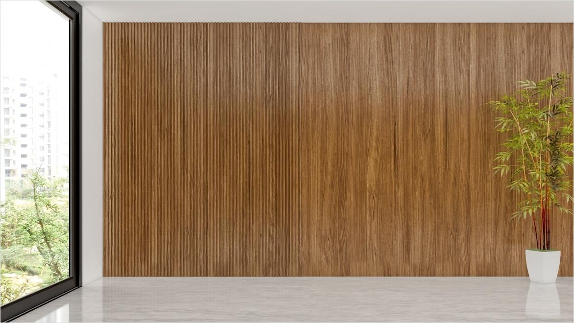 A wooden wall in a large open living room.