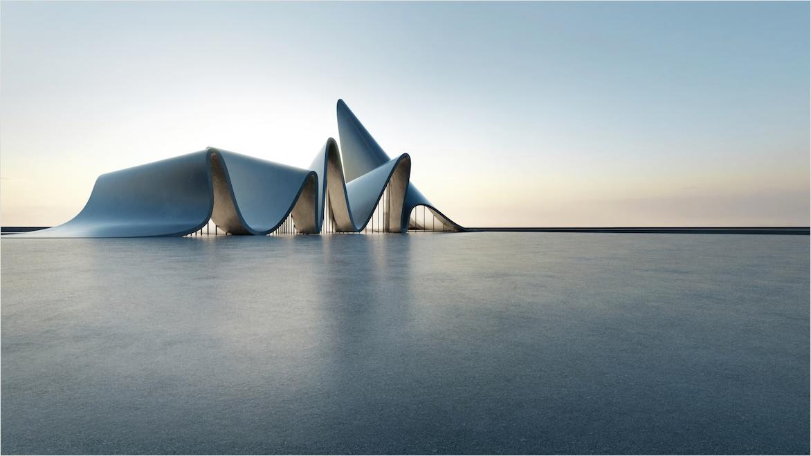 3D rendering of a futuristic building with a flowing design pictured at dusk.