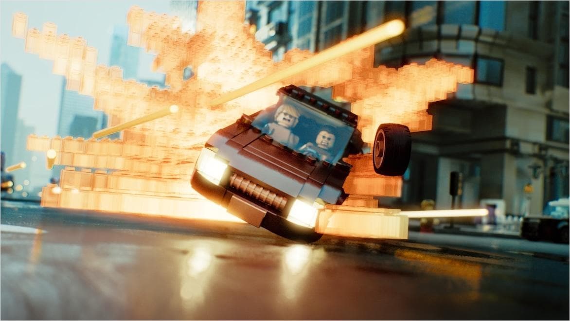 A still from the upcoming feature film Denmark shows a Lego-like car and an “explosion” made of Lego-like bricks, demonstrating path tracing in animation.