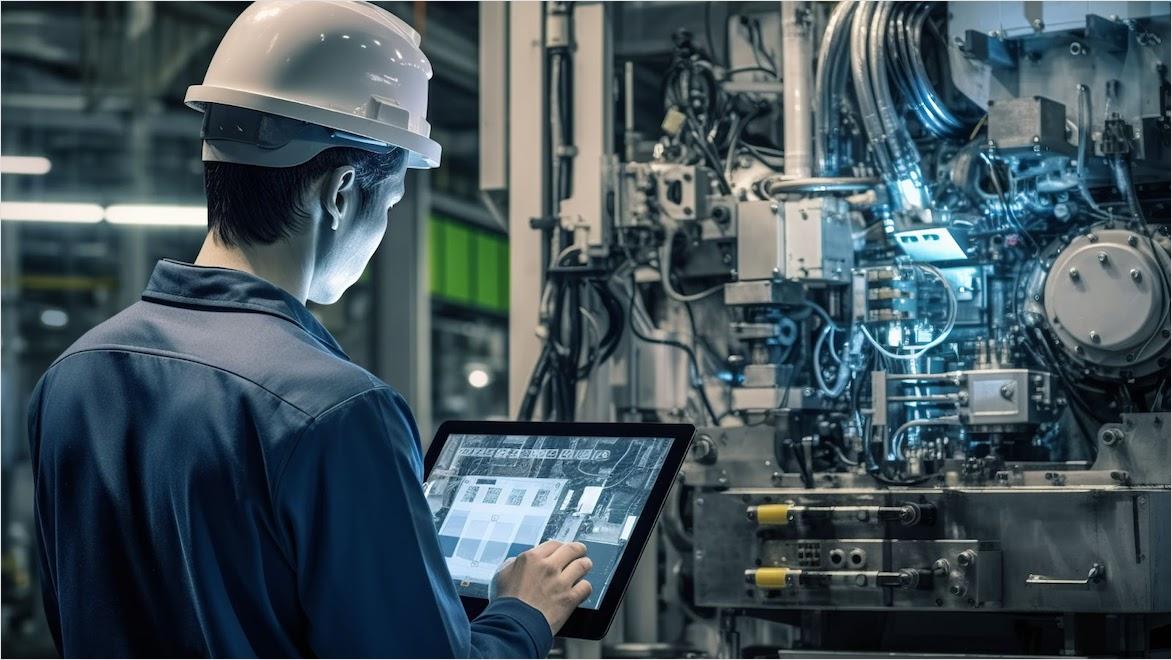 AI manufacturing worker in factory using tablet to monitor machines