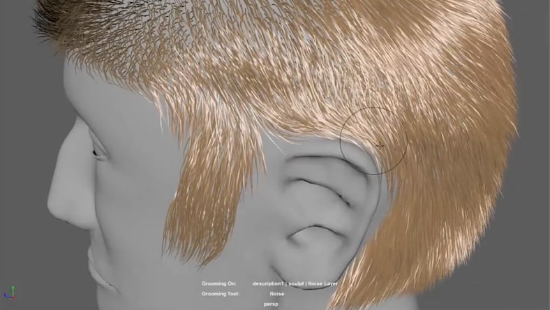 A gray 3D-modeled head in Maya software with blond hair.