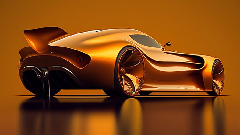A golden computer-generated race car looks futuristic.