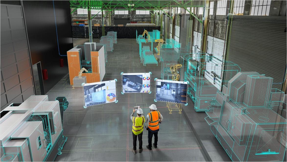 A high-angle view of two workers in an interior construction site viewing a digital tablet with overlays of project management screens and technical drawings.