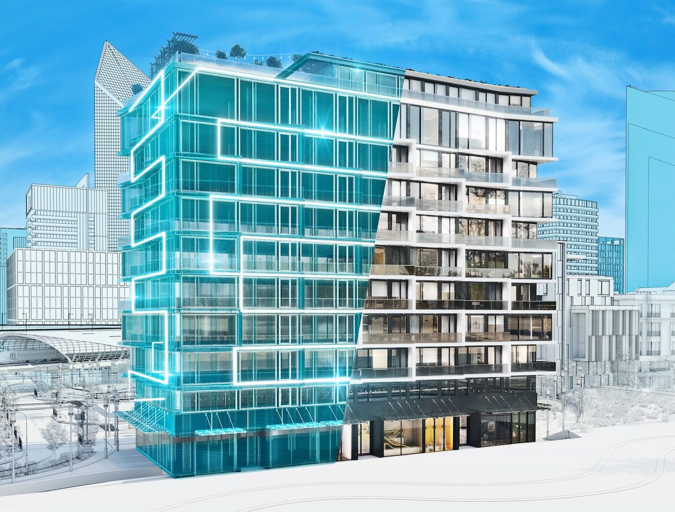 A rendering of a building design represents the dynamic nature of a digital twin, with half of the building shown in final form and the other half in architectural overlays.