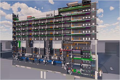 A digital twin of a factory shows many systems.