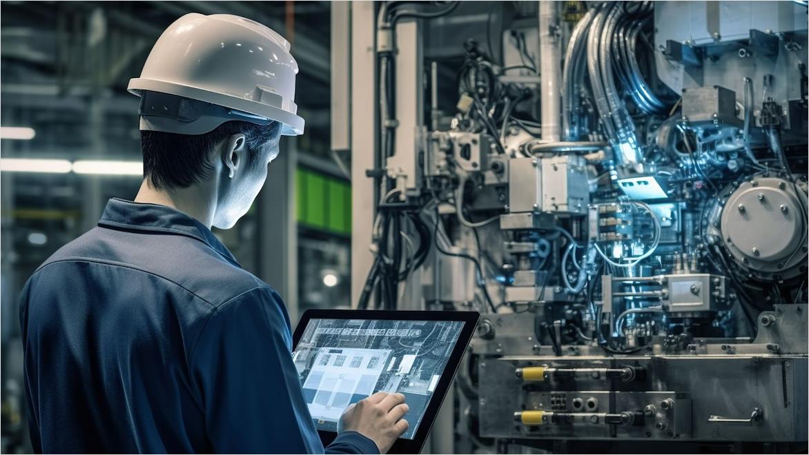 A man wearing a safety helmet consults a tablet while monitoring the operation of factory machinery.