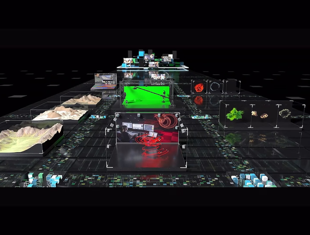 A composite image representing a cloud-connected production workflow includes images of different media assets, software screens, and production environments.